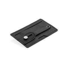 PU material RFID card wallet that can also be used as phone holder and stand. This RFID cardholder can fit up to 2 bank cards or ID cards and will keep them protected from unauthorised scans and fraudulent activities. The adhesive tape on the back allows you to stick the cardholder to a mobile with a flat surface. The item has a strap that functions both as a holder and as a stand.