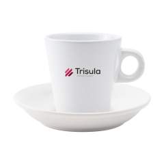 Quality ceramic coffee mug  with saucer. Suitable for all coffee machines. Dishwasher safe. The imprint is dishwasher tested and certified: EN 12875-2. Dim. cup 8 x 8 Ø cm. Dim. saucer Ø 13,8 cm. Capacity 200 ml.