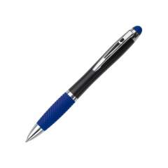 Twist action ball pen with rubber grip and stylus function. The ball pen will be laser engraved, the integrated LED lights will light-up the logo and/or company name in the colour of the rubber grip.