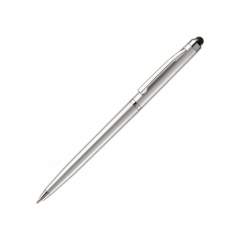 Slim, plastic touchscreen pen with a twist function. Blue writing ink refill.