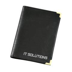 Driving licence and document wallet made from imitation leather, with metal protective corners.