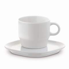 Cup and saucer of high-quality porcelain from the Toppoint design 'Satellite' series. Big imprint space. The square shaped saucer has additional space around the cup. Made in Europe.