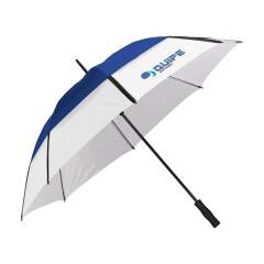 Luxe dubbellaags golfparaplu met 190T polyester en 190T nylon bespanning, stormfunctie, windbreker systeem, glasvezel frame en steel, voorgevormde foam handgreep en dubbele klittenbandbandsluiting. In opberghoes.