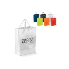 Small paper bag with rope handles. Available in multiple colours with straps in black or white. Strong and suitable for small articles. Glossy lamination.