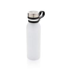 Diese doppelwandige Kupfer-Vakuumisolierte Trinkflasche hält Ihre Getränke bis zu 8h warm und bis zu 24h kalt. Der schwarze Trageriemen aus Silikon ist ebenso am Deckel befestigt und muss somit beim Trinken nicht noch separat festgehalten werden. Die weiß-graue ist PMS Cool Gray 1. Inhalt: 600ml. Nur Handwäsche.<br /><br />HoursHot: 8<br />HoursCold: 24