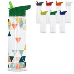 Avery", unsere innovative R-PET-Trinkflasche mit faltbarem Strohhalm, der clever im Deckel untergebracht ist. 