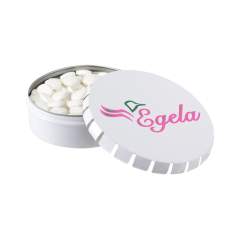 Clic-clac tin white with fullcolour print on the lid and filled with approx. 50 gram sugar free mints