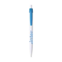 Blauschreibender Kugelschreiber mit weißem Halter aus einem Stück. Sehr gut geeignet für einen großzügigen Aufdruck. Auffälliges Detail: der farbige Clip.