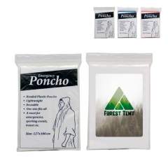 Light plastic rain poncho with hood, one size fits all. The package can be personalized with a sticker.
