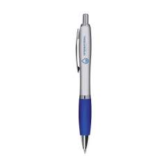 Blauschreibender oder schwarzschreibender Kugelschreiber mit farbigem, grifffestem Vorderteil und Metallclip.
