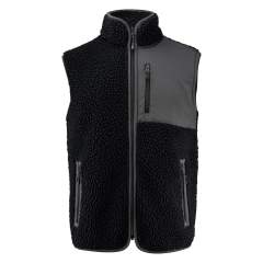 Bicolor teddy fleece bodywarmer. Contrasterende stof op de linkerborst en als afwerking van de naden. Borstzak en zijzakken met ritssluiting. Dit artikel is verpakt in een composteerbare polybag.