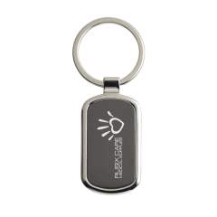 A rectangular, polished, nickel metal keyring with black inlay and sturdy keyring. Each item is supplied in an individual brown cardboard envelope.
