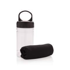 Microfibre cooling towel 100% free of chemicals. 98% sun blocking function up to UV 50+ protection. The towel can be easily used by adding some cold water to the bottle creating a cool towel for fast refreshment. The bottle is made out of PP with ABS...