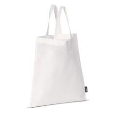 Non-woven white carrier bag with short handles made of light fiber. Different dimensions available with orders from 10.000 pieces.