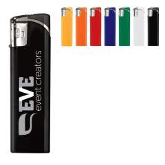 An electronic refillable lighter with silver cap. Child-resistant.