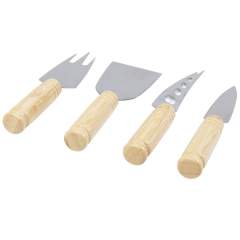 4-piece cheese set made of bamboo, featuring a cheese shovel (13.3 x 4.7 cm), 2 cheese knives (13.5 x 2 cm and 15.3 x 2.5 cm), and a cheese fork (14 x 3.5 cm). Ergonomic handle design, good size, and round handle make it easy to grasp. The handles for all tools are 7 cm long with a diameter of 1.9 cm. Designed for winding, cutting, slicing, shaving, and spreading various hard and soft cheeses. They are lightweight and space-saving, easy to store in your kitchen cabinet, perfect for party trays or dining tables. The bamboo used is sourced and produced following sustainable standards.