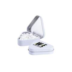 Triangle tin white filled with approx. 20 gram sugar free mints, including ingredients sticker and seal