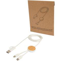 The Chechia 5-in-1 data sync and 27W fast charge cable is made from recycled plastic accented with responsibly sourced bamboo. The cable features USB-A and a Type-C input connectors combined with a Type-C and a Lightning/Micro USB combi output connector. USB-A to USB-C provides a power output of max 27W, and all other connection options max 15W. Compatible with both CarPlay and Android Auto. Whether you’re at home, in the office, or on the move, the Chechia cable delivers performance and style in one compact package. Cable length: 150 cm.