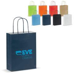 Kleine mat papieren draagtas met hengsels van gedraaid papier. Tas heeft een ecologische look. Geschikt als geschenk- en cadeautas. FSC-gecertificeerd.