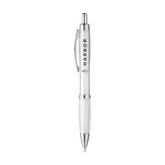Stylo à encre bleue ou noire avec corps coloré translucide, embout antidérapant et clip en métal.