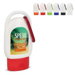Convenient SPF30 sunscreen in a compact, recycled plastic container with carabiner. Easy to clip onto bags, making it ideal for festivals, outdoor events, or on-the-go use. 
