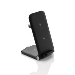 3-in-1 wireless charger  stand made with RCS recycled ABS. Total recycled content: 51% based on total item weight. RCS certification ensures a completely certified supply chain of the recycled materials. The wireless charger comes equipped with a 15W wireless charger and an additional 5W wireless charger suitable for earbuds cases or other small wireless chargeable devices and a 2.5W wireless charger for smartwatches ( Apple watches only). Foldable design so easy to take with you. Including RCS certified 120 cm recycled TPE cable. Packed in FSC® mix kraft packaging. Item and accessories 100% PVC free. Input: 9V/3A for optimal use. Output: Phone: 9V/1.1A; 9V/1.67 A/(15W), Earbuds: 5V/1A (5W), Watch: 5V/0.5A.<br /><br />WirelessCharging: true<br />PVC free: true