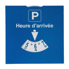 Eine Parkscheibe aus Papier, die den Gesetzen in Frankreich entspricht. Auf der Rückseite der Parkscheibe befindet sich ein großer Druckbereich.