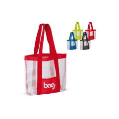 Nice beach bag available in various colours. The mesh material will help that sand and water don’t get trapped on the inside. On the front between the handles you will find a small pocket.