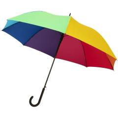 Automatikregenschirm mit regenbogenfarbenem Pongee-Polyesterschirm. Robuster Metallschaft, hochwertiger Vollglasrahmen mit maximaler Flexibilität bei Wind. Weicher, gebogener Griff und vernickelte Spitzen und Oberseite. Große Dekorationsfläche auf jedem Paneel möglich, die verschiedene kreative Logolösungen bietet.