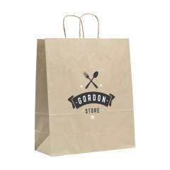 WoW! Stabile, breite Papier-Geschenktasche (Größe L) aus recyceltem Graspapier (90 g/m²). Durch die Verwendung natürlicher Materialien sind Unregelmäßigkeiten im Papier spürbar. Dadurch erhält das Produkt eine wunderschöne natürliche Ausstrahlung. Die Tasche hat zwei kurze Papier-Trageschlaufen, einen gefalteten Boden und eine Seitenfalte. Für die Herstellung dieser Tasche werden keine Bäume gefällt.