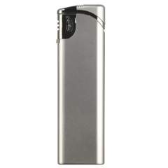 An electronic refillable silver lighter. Child-resistant.