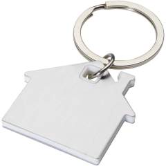 House-shaped keychain with a stainless steel plate with a frosted design front and back, and a coloured plastic chip in the middle.