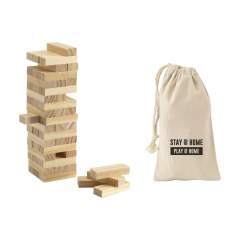 Jeu d'empilement en bois (54 blocs). Dimensions de la tour : 17,8 x 5 x 5 cm. Chaque ensemble est emballé dans un sac en coton. Règles du jeu incluses.