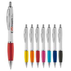 White ball pen with metal clip. Metal look push button, ring and tip. Comes with a Jumbo refill with blue writing ink.