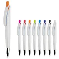 Stylo bille design Toppoint. Ce stylo avec pointe en métal est équipé d’une cartouche Jumbo pouvant écrire jusqu’à 4.5km. Finition opaque, clip transparent. Ecriture bleue.