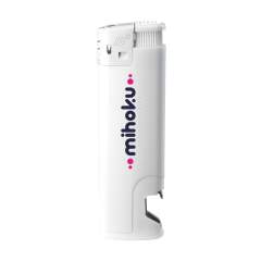 Briquet électronique fin de la marque Flameclub® avec ouvre-bouteille et flamme réglable. Rechargeable. Avec sécurité enfant. Certifié NEN : EN13869. Certifié TÜV et certifié ISO : ISO9994. Briquet ne sont fournis qu’avec l’impression.