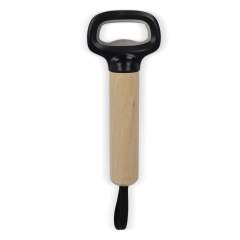 Elegant bottle opener made of wood, ABS, and steel. This durable and stylish opener is well-sized, making it easy to use.