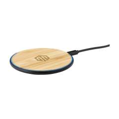 10W ABS/Bamboo for wireless charging of mobile phones. With glowing blue indicator ring. Compatible with all mobile devices that support QI wireless charging (newest generations Android and iPhone). Input: 9V/2A. Wireless output: 5V/10W. Includes a micro-USB charging cable and user manual. Each item is supplied in an individual brown cardboard box.
