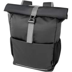 Water-resistant roll-top bike bag made from GRS certified recycled materials. It features a padded 15" laptop compartment, multiple organisational pockets, adjustable hook & loop closure for easy fitting onto a variety of bikes, and reflective piping for visibility. The GRS recycled materials include the main fabric, lining, webbing, and zips. Capacity: 20 litres. PVC free.