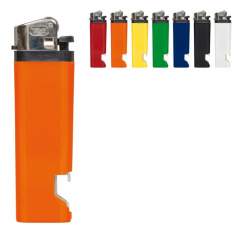 Disposable lighter with bottle opener. Child-resistant.