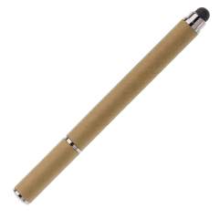 Stylo stylet fabriqué en carton recyclé, avec capuchon et cartouche d'encre bleue.