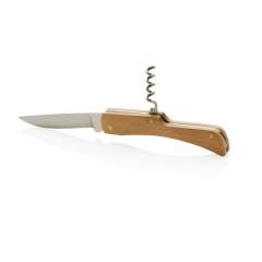 Faltbares Messer aus 100% FSC-Buchenholz und Klinge aus hochwertigem Edelstahl (420). Auf der Rückseite befindet sich ein Flaschenöffner. Rockwell-Härte 42-52. Die Klinge ist lebensmittelecht, also auch für Lebensmittel geeignet. Verpackt in FSC-Mix-Kraftkarton<br /><br />PVC free: true