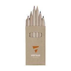 6 wooden, unpainted coloured pencils in a recycled cardboard box.
