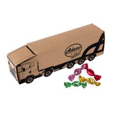 Truck van kraft papier, all-over full colour bedrukt en gevuld met ca.110 gram metallic sweets