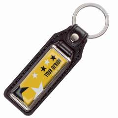 A metal rectangular keyring with a single sided doming on leather tag.