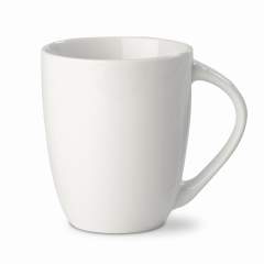 Tasse blanche en porcelaine. Style conique avec une grande anse.