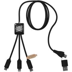 5-in-1 recycled PET light-up logo charging and data transfer cable with squared plastic casing. The light-up logo is visible on both sides. Features 3 connectors (type-C, Micro USB, iPhone) and a dual USB connector for universal use. The cable allows data transfer on each of the tips and for any type of device (USB-C + Lightning + Micro USB). Delivered in a TPU pouch with a kraft paper card. Cable length: 1 metre. Includes 3 year warranty.