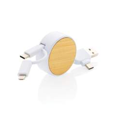 Dieses Kompaktes und einfach zu transportierende, ausziehbare Multikabel aus zertifizierten Recyclingmaterialien hat 5 verschiedenen Anschlüsse: USB-C-Eingang, USB-A-Eingang, Type-C-Ausgang, IOS-Ausgang und einen Micro-USB-Ausgang. Dadurch können Sie das Kabel auch mit Type-C Ausgabegeräten verwenden, die in der neueren Generation von Telefonen und MacBook-Computern verbaut sind. Das Kabel verfügt außerdem über eine USB-A-Output-Input-Option, sodass es jedes Gerät von jeder Ausgangsquelle aufladen kann. Das Gehäuse aus FSC-Bambus und RCS-zertifiziert recyceltem ABS, das Kabel aus RCS-zertifiziert recyceltem TPE-Material. Gesamter Recyclinganteil: 63% basierend auf dem Gesamtgewicht des Artikels. Maximale Kabellänge: 100cm. Verpackt in einer FSC Mix-Verpackung aus Kraftpapier. PVC-frei.<br /><br />PVC free: true