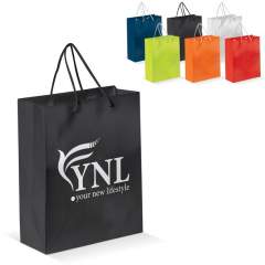 Medium sized paper bag with rope handles. Available in multiple colours with straps in black or white. Large print area on both sides. Strong bag. Glossy lamination.