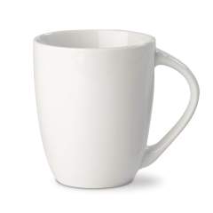 A white mug made from high quality porcelain. Made in Europe. Conical style with a large handle.